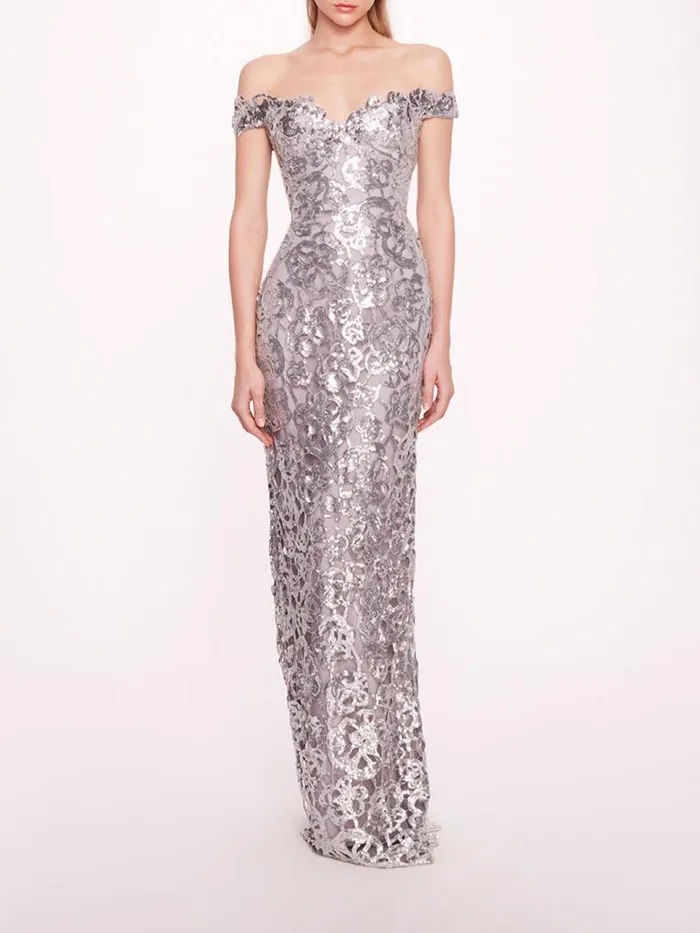 Marchesa Marchesa Notte Organic Neckline Sequin Gown Silver 8211 Women