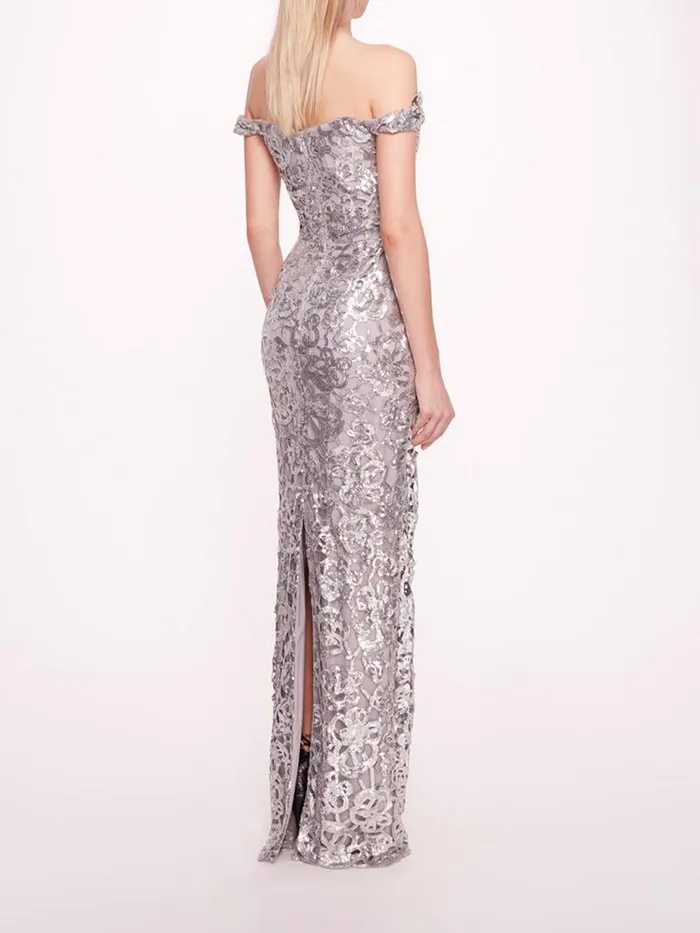 Marchesa Marchesa Notte Organic Neckline Sequin Gown Silver 8211 Women