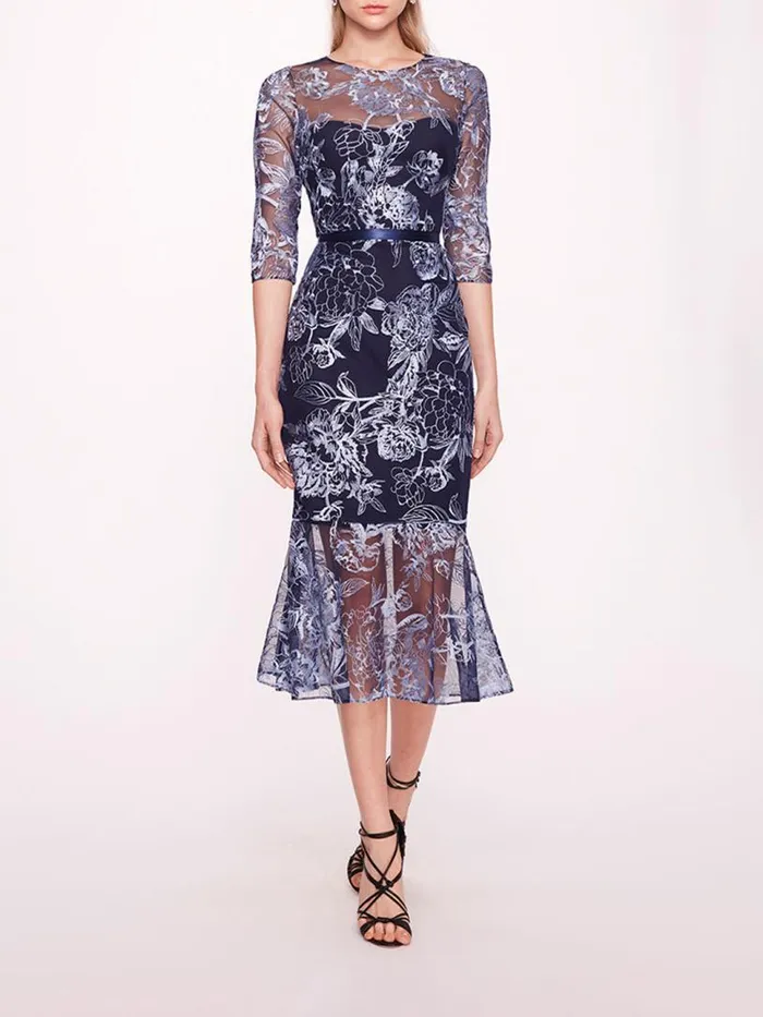 Marchesa Marchesa Notte Peonies Pencil Dress Navy Silver 8211 Women