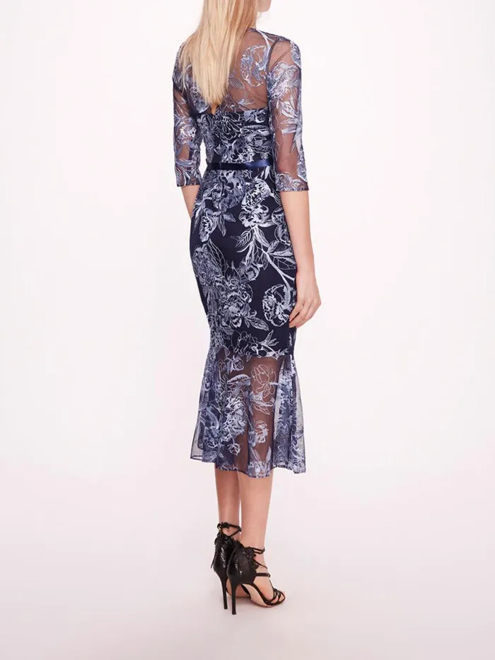 Marchesa Marchesa Notte Peonies Pencil Dress Navy Silver 8211 Women