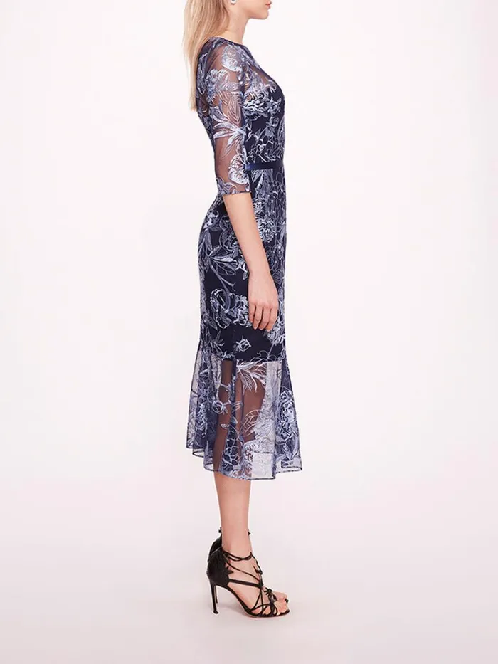 Marchesa Marchesa Notte Peonies Pencil Dress Navy Silver 8211 Women