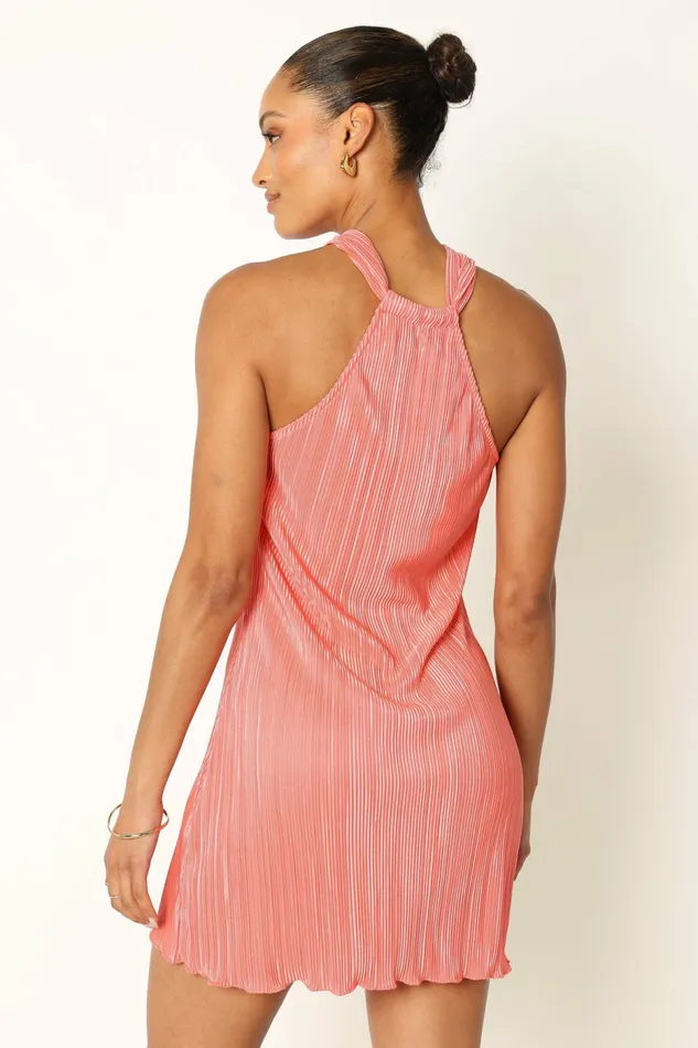 Melody Plisse Halter Mini Dress Coral Women Satin Dresses Petal and Pup