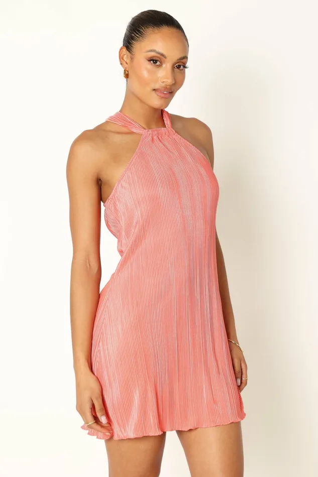 Melody Plisse Halter Mini Dress Coral Women Satin Dresses Petal and Pup