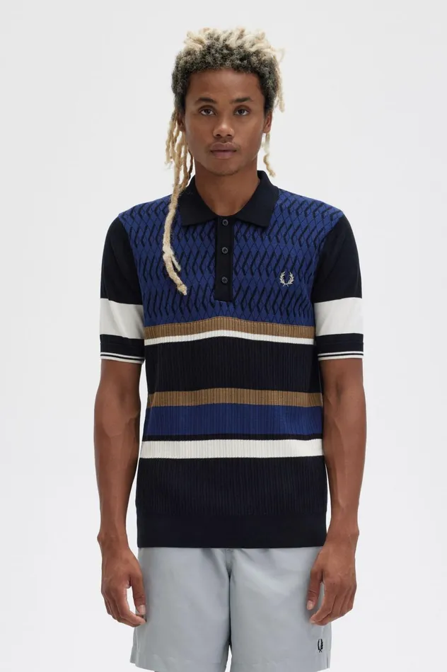 Men Argyle Panel Knitted Shirt French Navy Fred Perry Knitwear