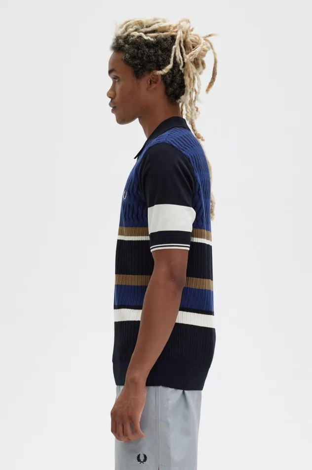 Men Argyle Panel Knitted Shirt French Navy Fred Perry Knitwear