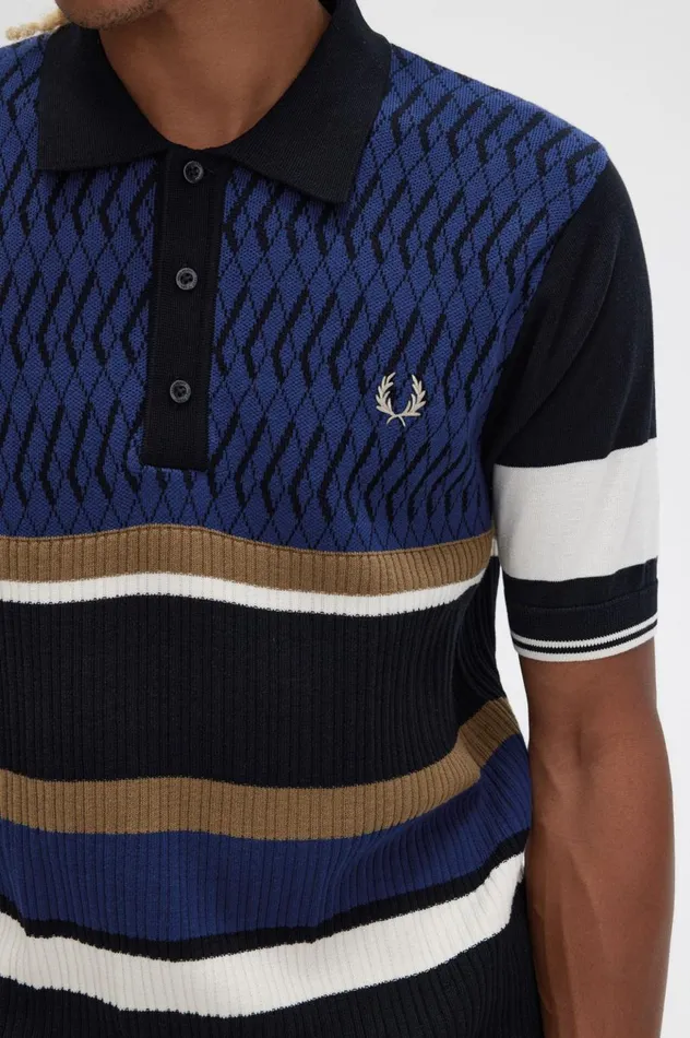 Men Argyle Panel Knitted Shirt French Navy Fred Perry Knitwear