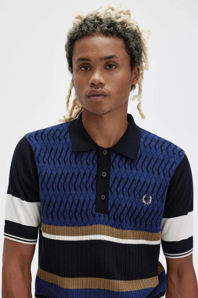 Men Argyle Panel Knitted Shirt French Navy Fred Perry Knitwear
