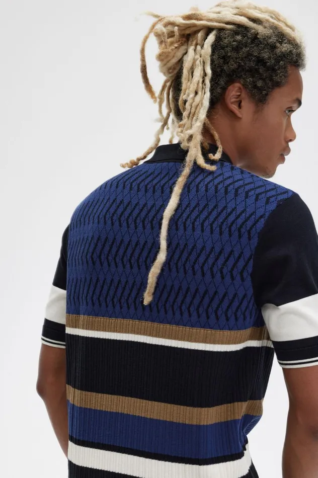 Men Argyle Panel Knitted Shirt French Navy Fred Perry Knitwear