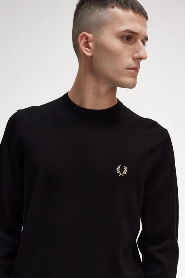 Men Classic Crew Neck Jumper Black Fred Perry Knitwear