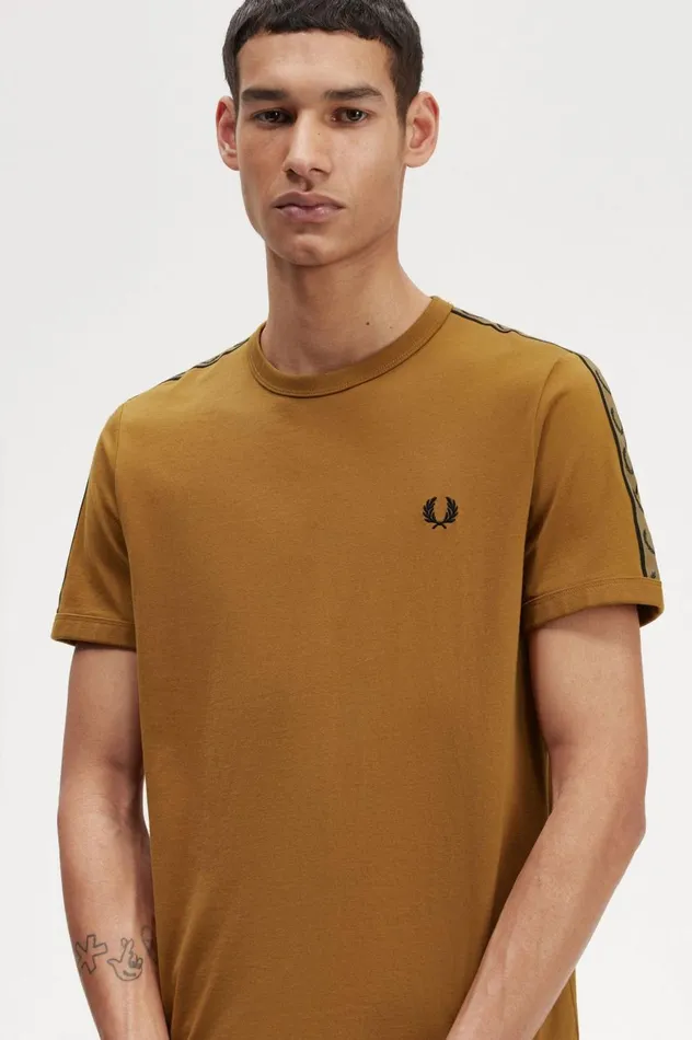 Men Contrast Tape Ringer TShirt Dark Caramelshaded Stone Fred Perry TShirts