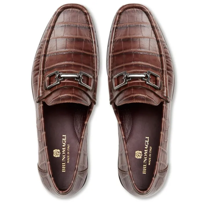 Men Dress Shoes Bruno Magli Trieste Classic Moccasin Brown Croc