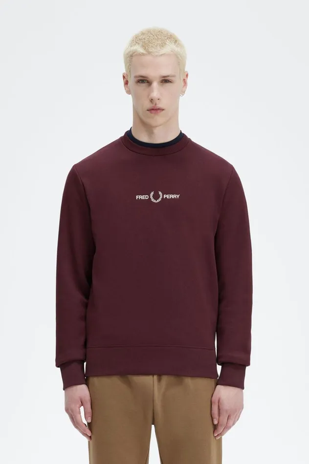 Men Embroidered Sweatshirt Oxblood Fred Perry Sweatshirts
