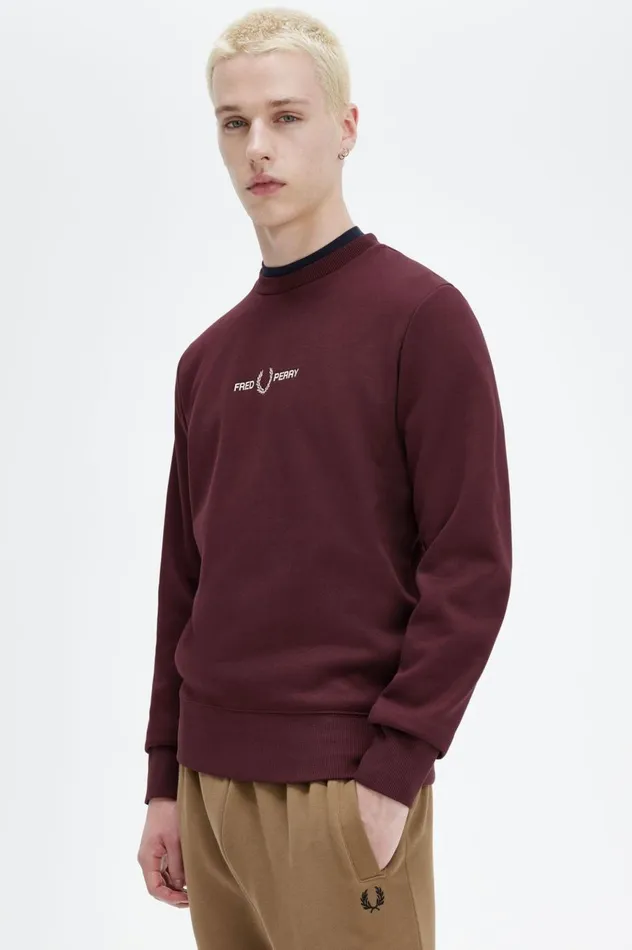 Men Embroidered Sweatshirt Oxblood Fred Perry Sweatshirts