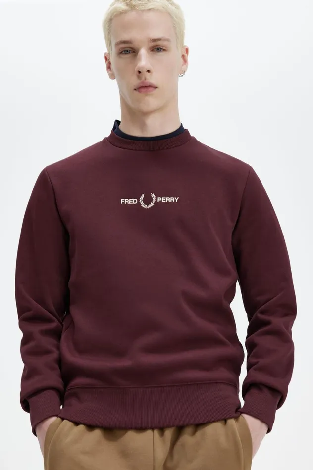 Men Embroidered Sweatshirt Oxblood Fred Perry Sweatshirts
