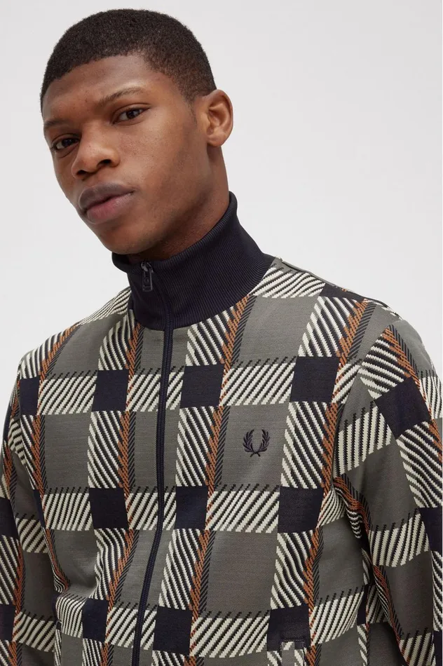 Men Glitch Tartan Track Jacket Field Green Fred Perry Track Jackets