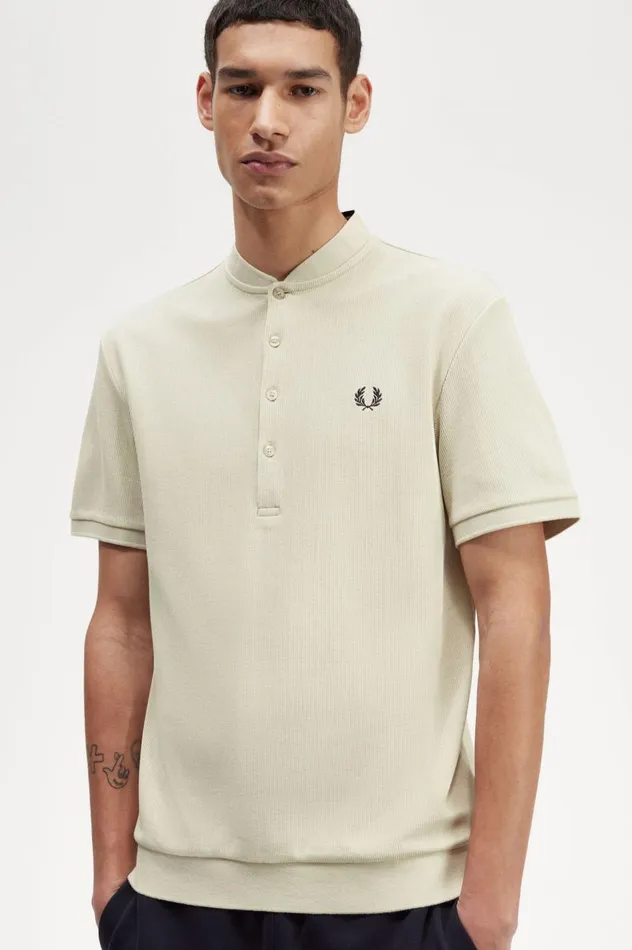 Men Henley Polo Shirt Light Oyster Fred Perry TShirts