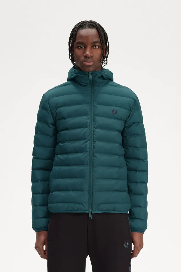 Men Hooded Insulated Jacket Petrol Blue Fred Perry Coats and Jackets