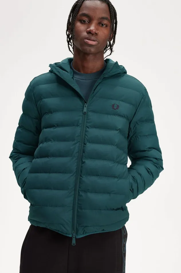 Men Hooded Insulated Jacket Petrol Blue Fred Perry Coats and Jackets