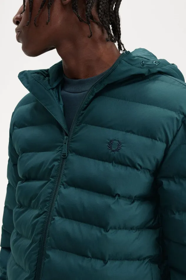 Men Hooded Insulated Jacket Petrol Blue Fred Perry Coats and Jackets