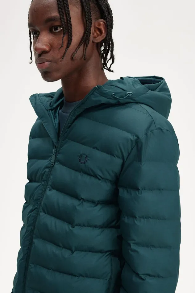 Men Hooded Insulated Jacket Petrol Blue Fred Perry Coats and Jackets