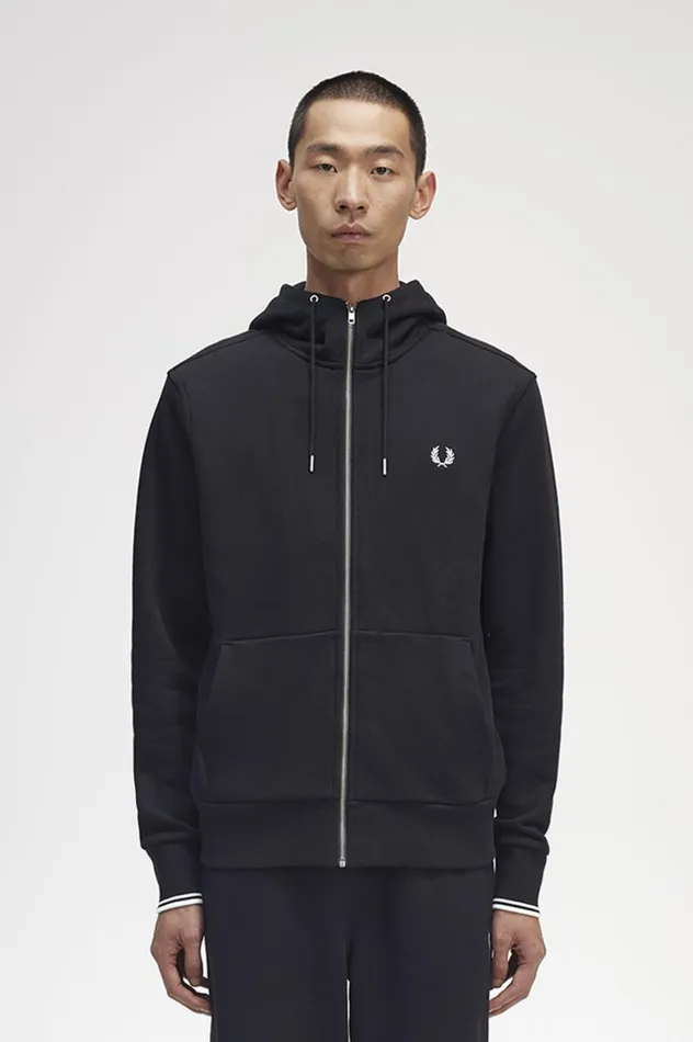 Men Hooded Zip Through Sweatshirt Black Fred Perry Sweatshirts