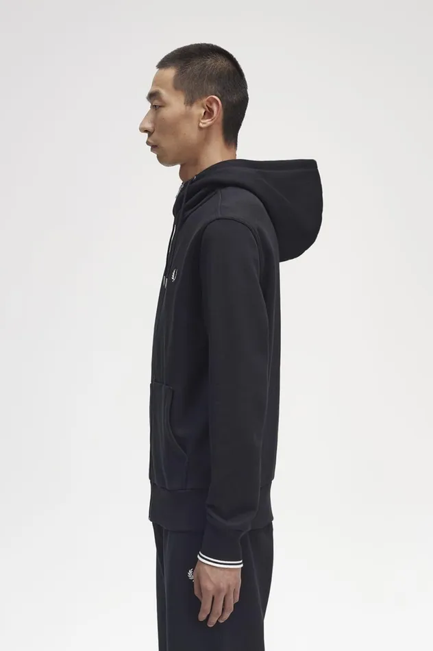 Men Hooded Zip Through Sweatshirt Black Fred Perry Sweatshirts