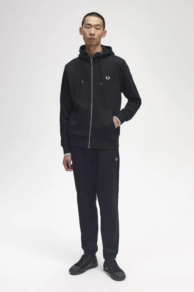 Men Hooded Zip Through Sweatshirt Black Fred Perry Sweatshirts