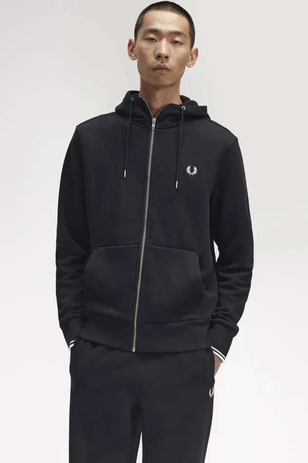 Men Hooded Zip Through Sweatshirt Black Fred Perry Sweatshirts