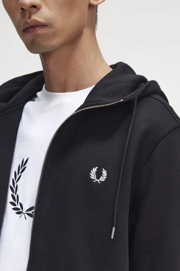 Men Hooded Zip Through Sweatshirt Black Fred Perry Sweatshirts