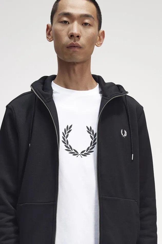 Men Hooded Zip Through Sweatshirt Black Fred Perry Sweatshirts