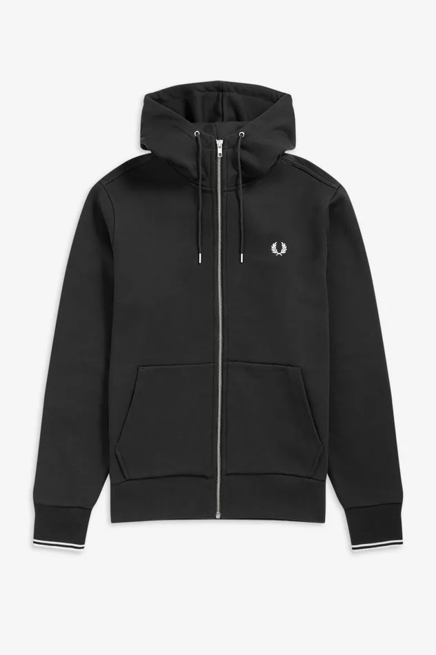 Men Hooded Zip Through Sweatshirt Black Fred Perry Sweatshirts