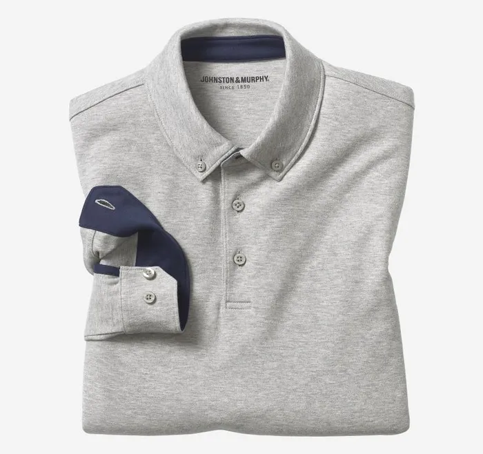 Men Johnston and Murphy Polos and Tees Liquid Cotton LongSleeve Polo Heather Gray Men Johnston and Murphy Polos and Tees Liquid Cotton LongSleeve Polo Heather Gray