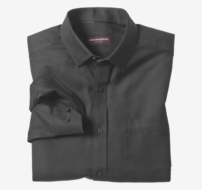 Men Johnston and Murphy Shirts NonIron Dress Shirt Black Solid Birdseye