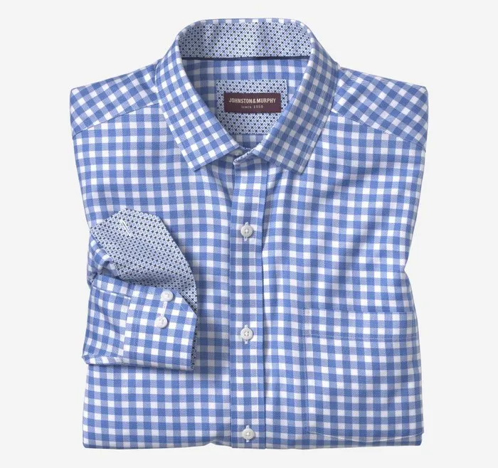 Men Johnston and Murphy Shirts NonIron Dress Shirt Blue Gingham
