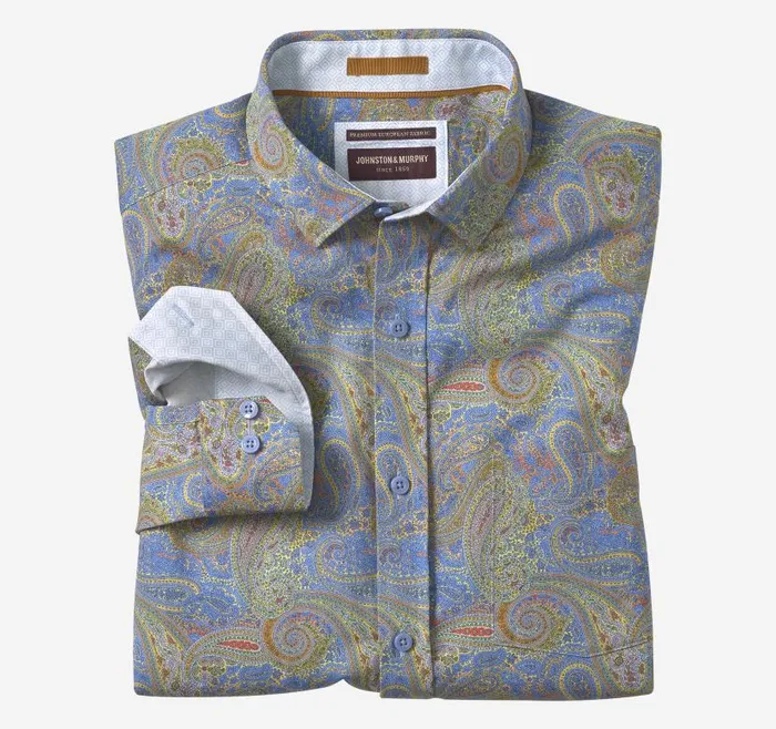 Men Johnston and Murphy Shirts Printed Cotton Shirt Blue Large Paisley