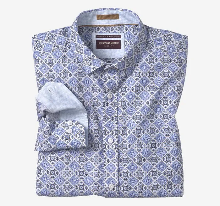 Men Johnston and Murphy Shirts Printed Cotton Shirt Blue Mosaic Tile