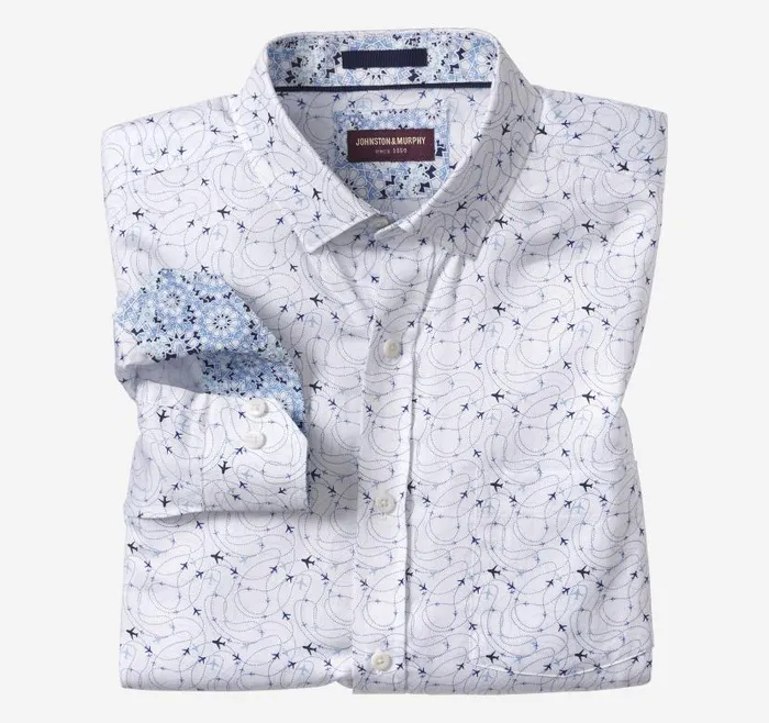 Men Johnston and Murphy Shirts Printed Cotton Shirt White Airplane