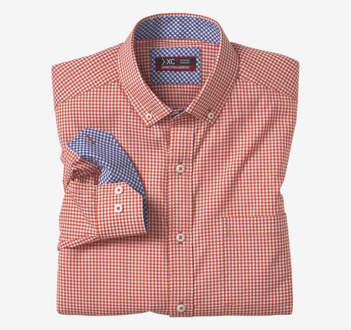 Men Johnston and Murphy Shirts XC4 LongSleeve StretchWoven Shirt Orangewhite Gingham Men Johnston and Murphy Shirts XC4 LongSleeve StretchWoven Shirt Orangewhite Gingham