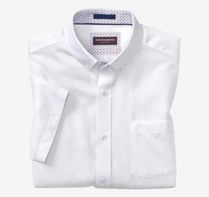 Men Johnston and Murphy ShortSleeve Shirts Textured Cotton ShortSleeve Shirt White Solid Men Johnston and Murphy ShortSleeve Shirts Textured Cotton ShortSleeve Shirt White Solid