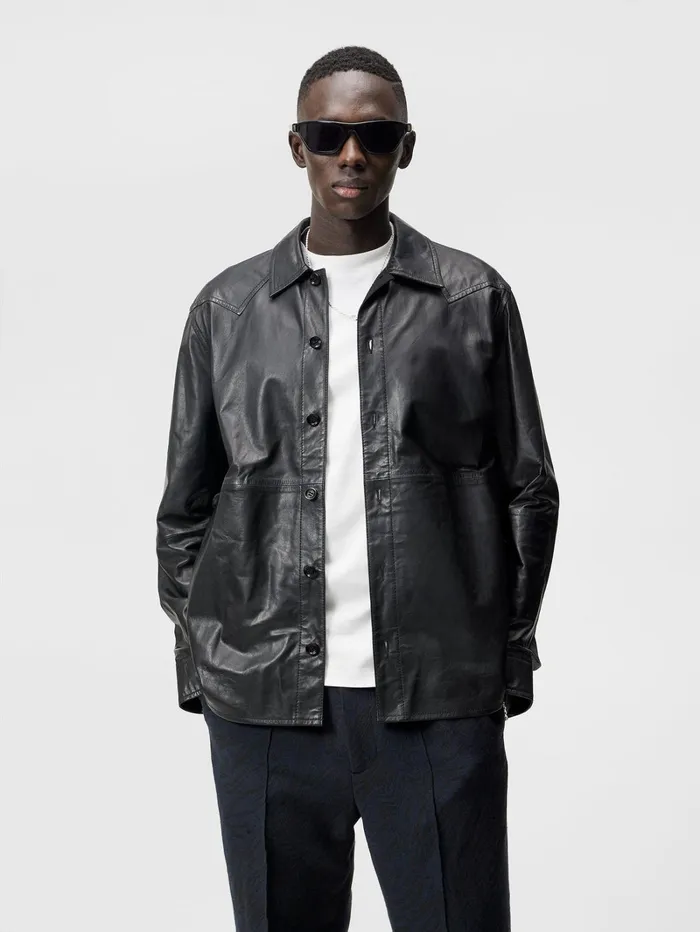 Men Landon Leather Overshirt Black JLindeberg Overshirts