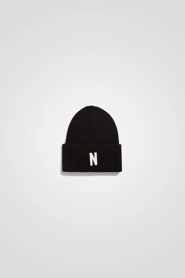 Men Merino Lambswool Rib N Logo Beanie Truffle Norse Projects Beanies