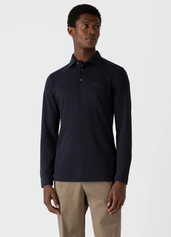 Men Polo Shirts ussunspel Sunspel x WM Brown Long Sleeve Polo Shirt Navy Men Polo Shirts ussunspel Sunspel x WM Brown Long Sleeve Polo Shirt Navy