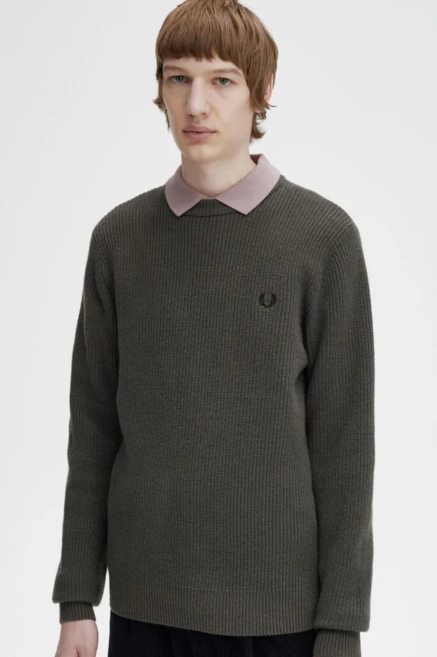 Men Textured Lambswool Jumper Field Green Fred Perry Knitwear