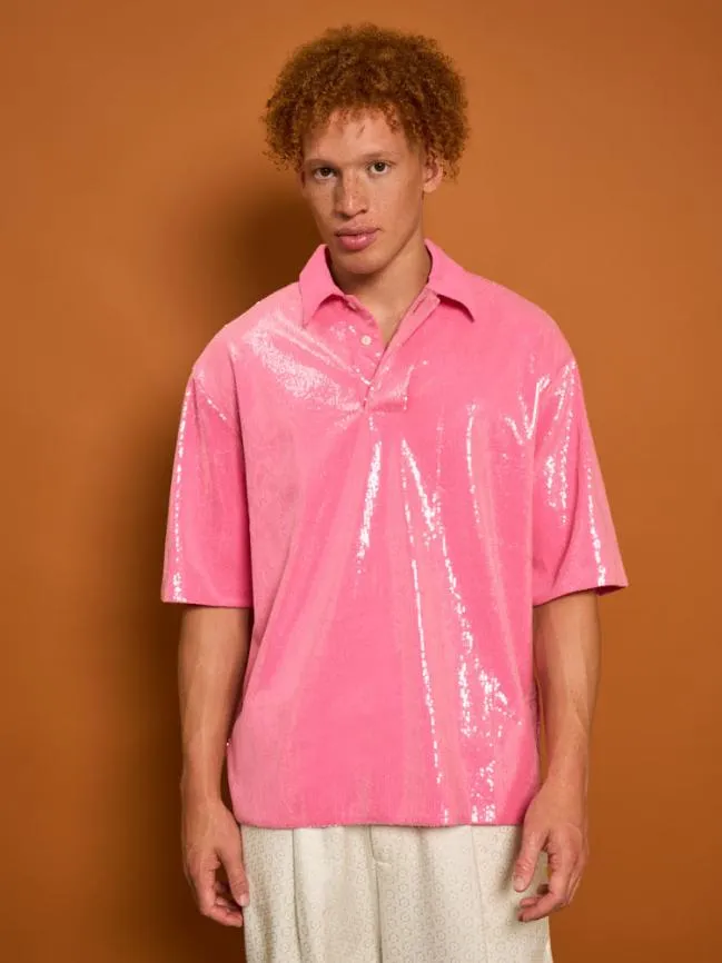 Menswear Evelyn Sequin Polo Shirt Flamingo Pink Sister Jane