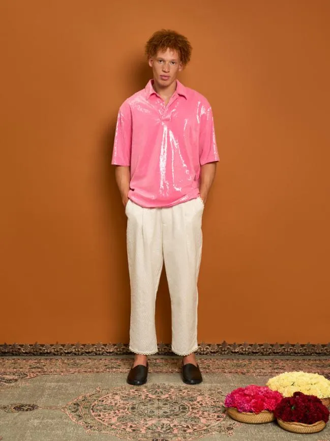 Menswear Evelyn Sequin Polo Shirt Flamingo Pink Sister Jane Menswear Evelyn Sequin Polo Shirt Flamingo Pink Sister Jane