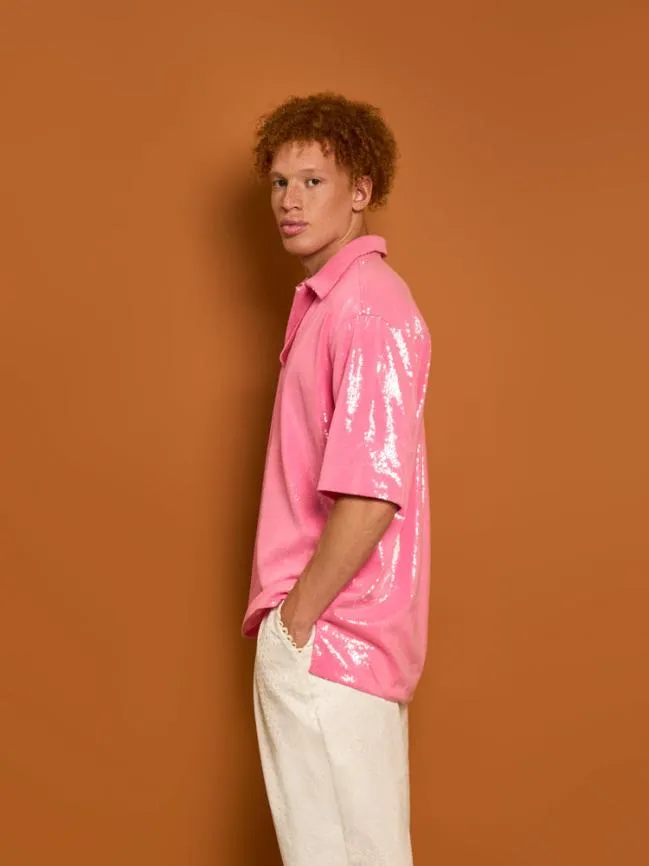 Menswear Evelyn Sequin Polo Shirt Flamingo Pink Sister Jane Menswear Evelyn Sequin Polo Shirt Flamingo Pink Sister Jane