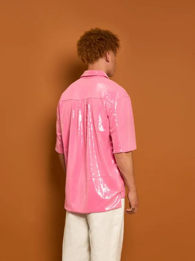 Menswear Evelyn Sequin Polo Shirt Flamingo Pink Sister Jane Menswear Evelyn Sequin Polo Shirt Flamingo Pink Sister Jane
