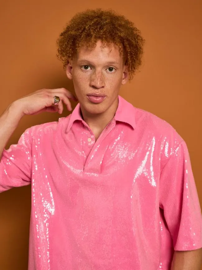 Menswear Evelyn Sequin Polo Shirt Flamingo Pink Sister Jane Menswear Evelyn Sequin Polo Shirt Flamingo Pink Sister Jane