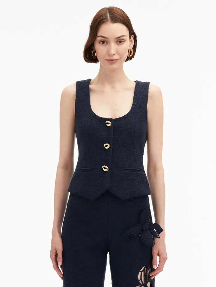 O Button Cotton Tweed Vest Navy Women Oscar De La Renta Jackets and Coats O Button Cotton Tweed Vest Navy Women Oscar De La Renta Jackets and Coats