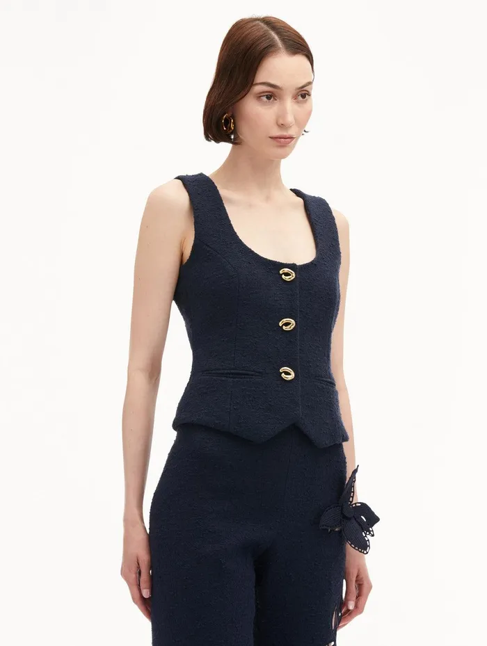O Button Cotton Tweed Vest Navy Women Oscar De La Renta Jackets and Coats O Button Cotton Tweed Vest Navy Women Oscar De La Renta Jackets and Coats